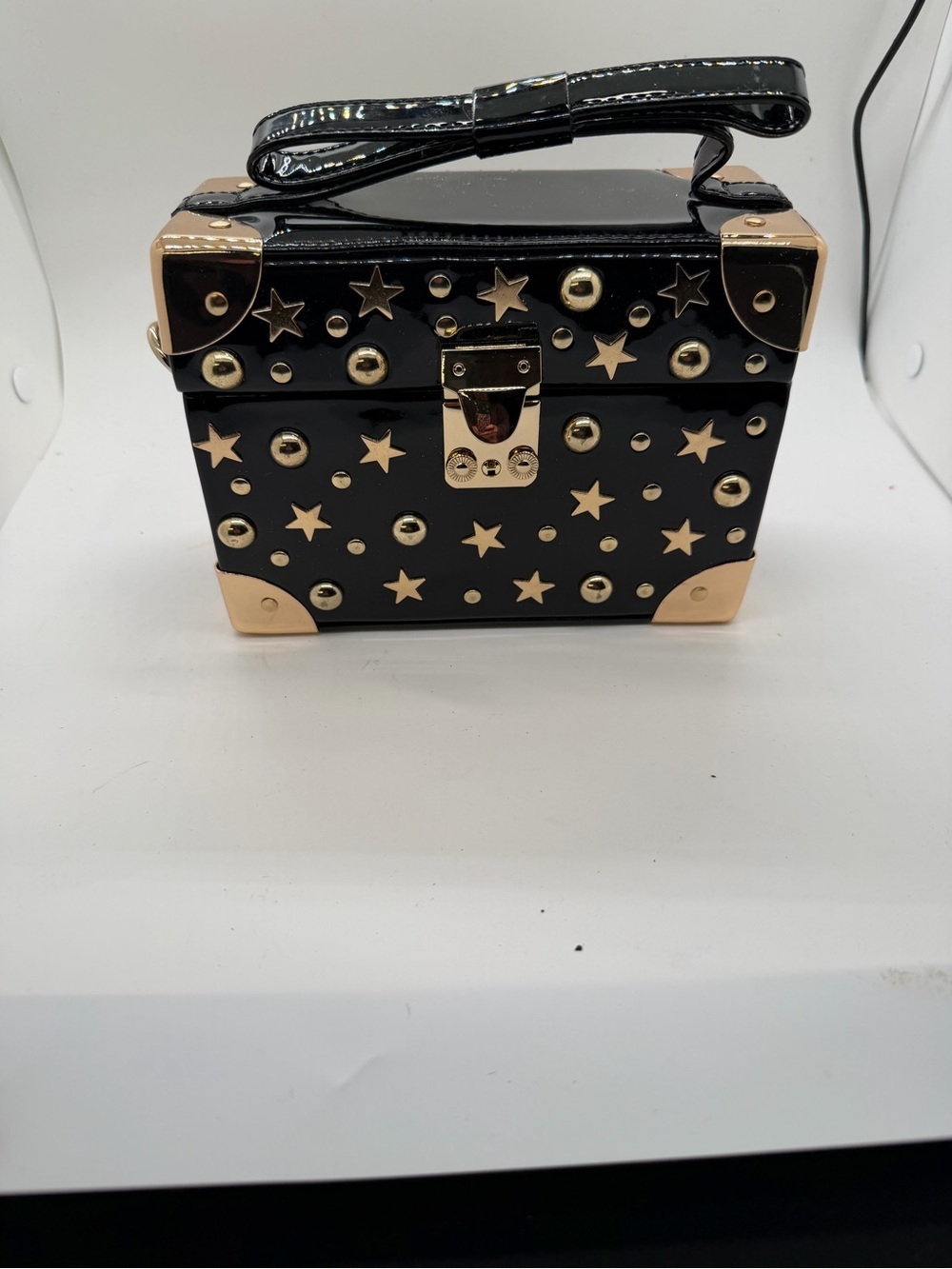 Betsey Johnson Black Mini Star-Studded Box Bag with Gold Accents